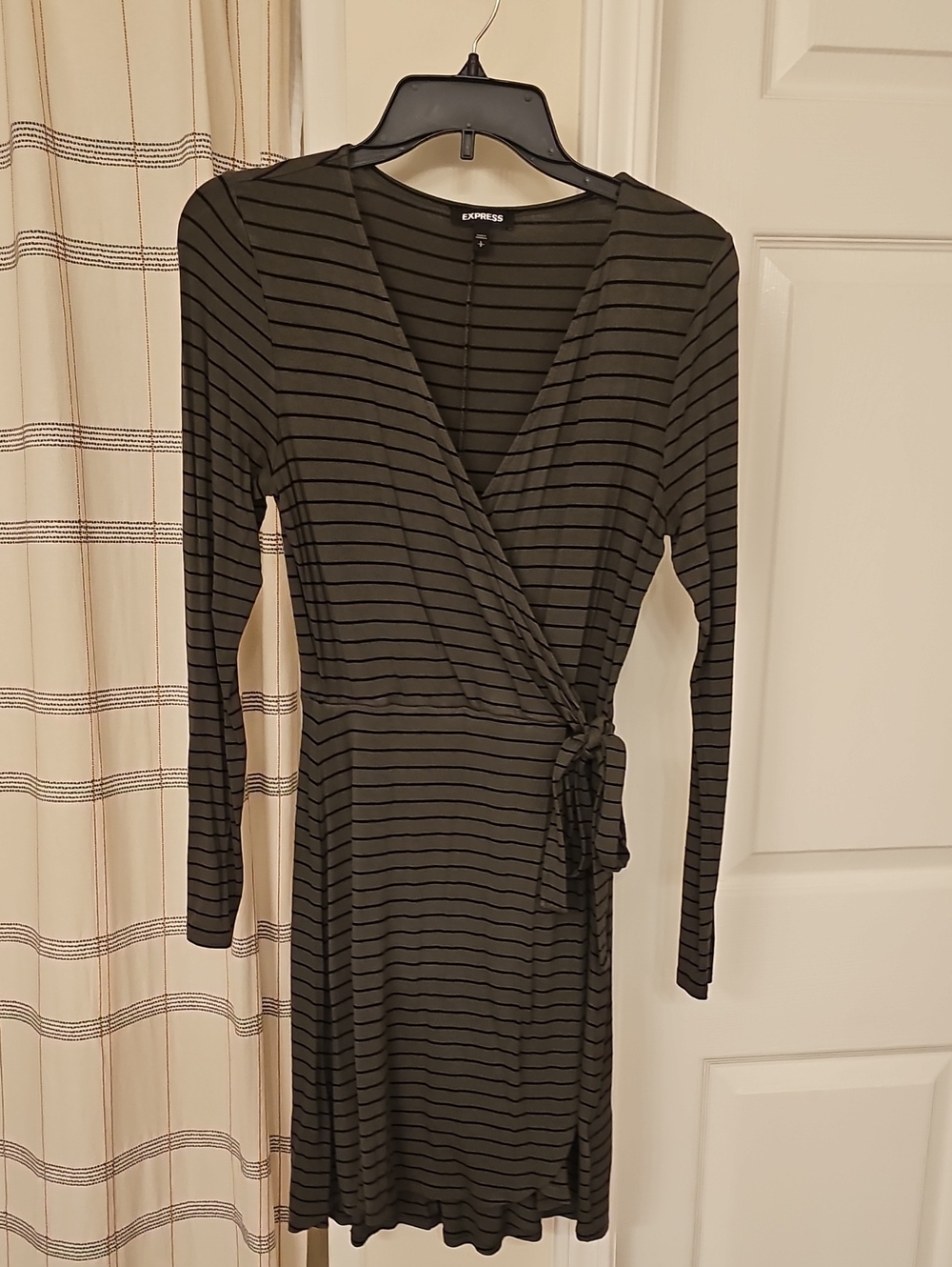 Express Black and Olive Striped Wrap Dress - Long Sleeve